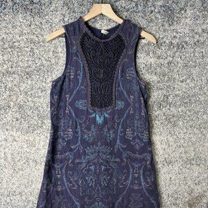 Free People Shirt Womens Small Blue Boho Lace Crochet Tank Top‎ Print Festival